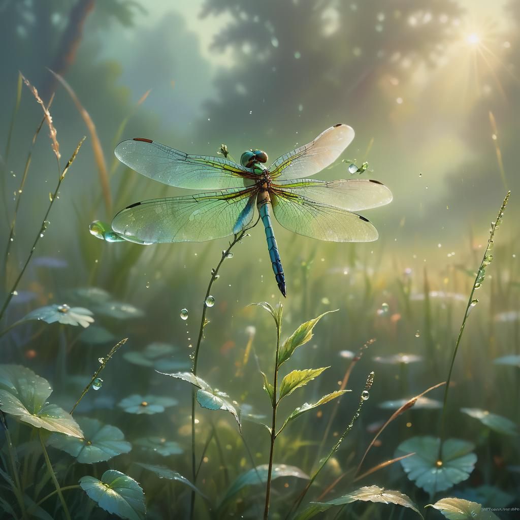 Dragonfly in Misty Meadow: A Fantasy Artwork