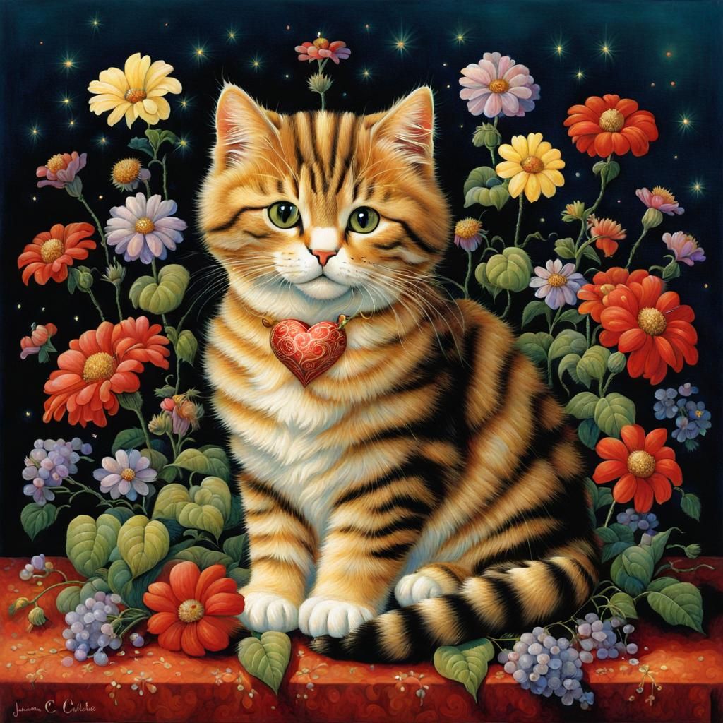 Whimsical Cat Surrounded by Flowers and Heart Lights