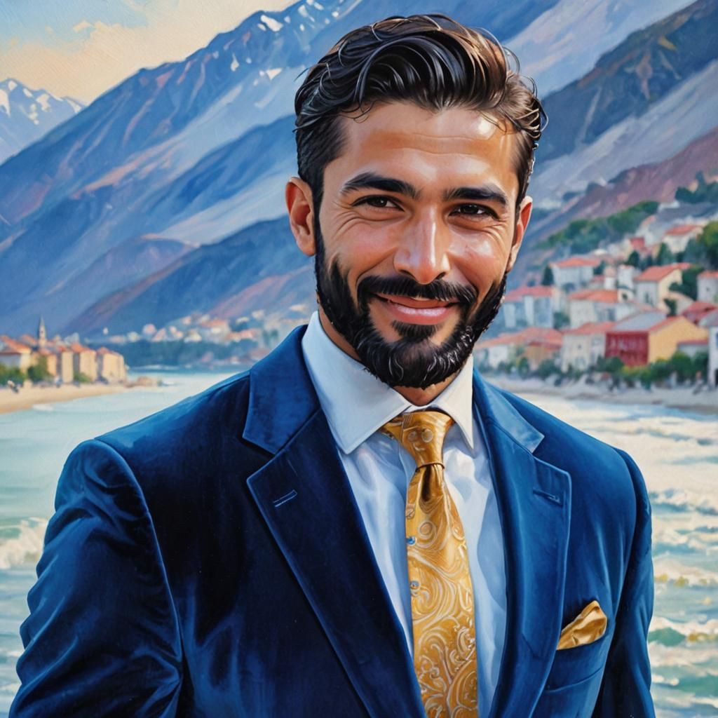 Man in Blue Velvet Suit: Impressionist Oil Painting
