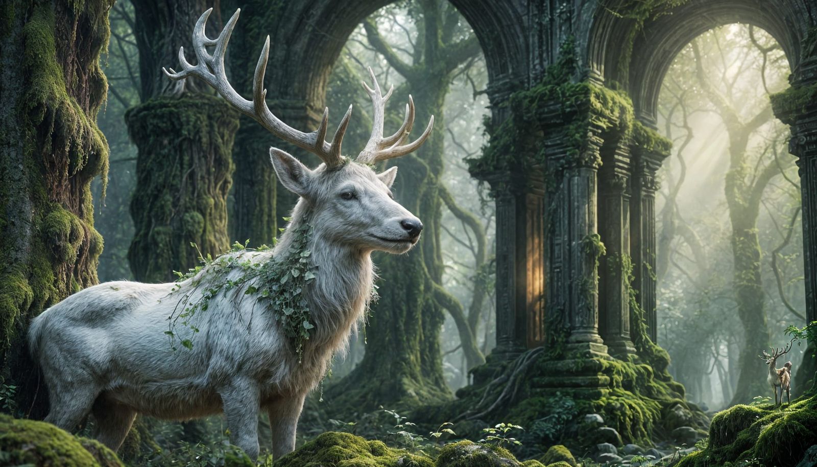 Mystical Forest Temple with Crystal Stag