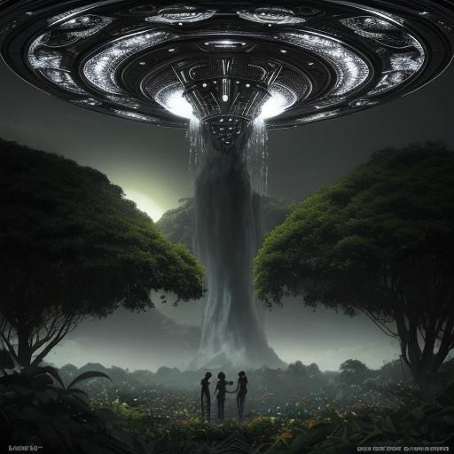 Lush Celestial Garden with Flying Saucers