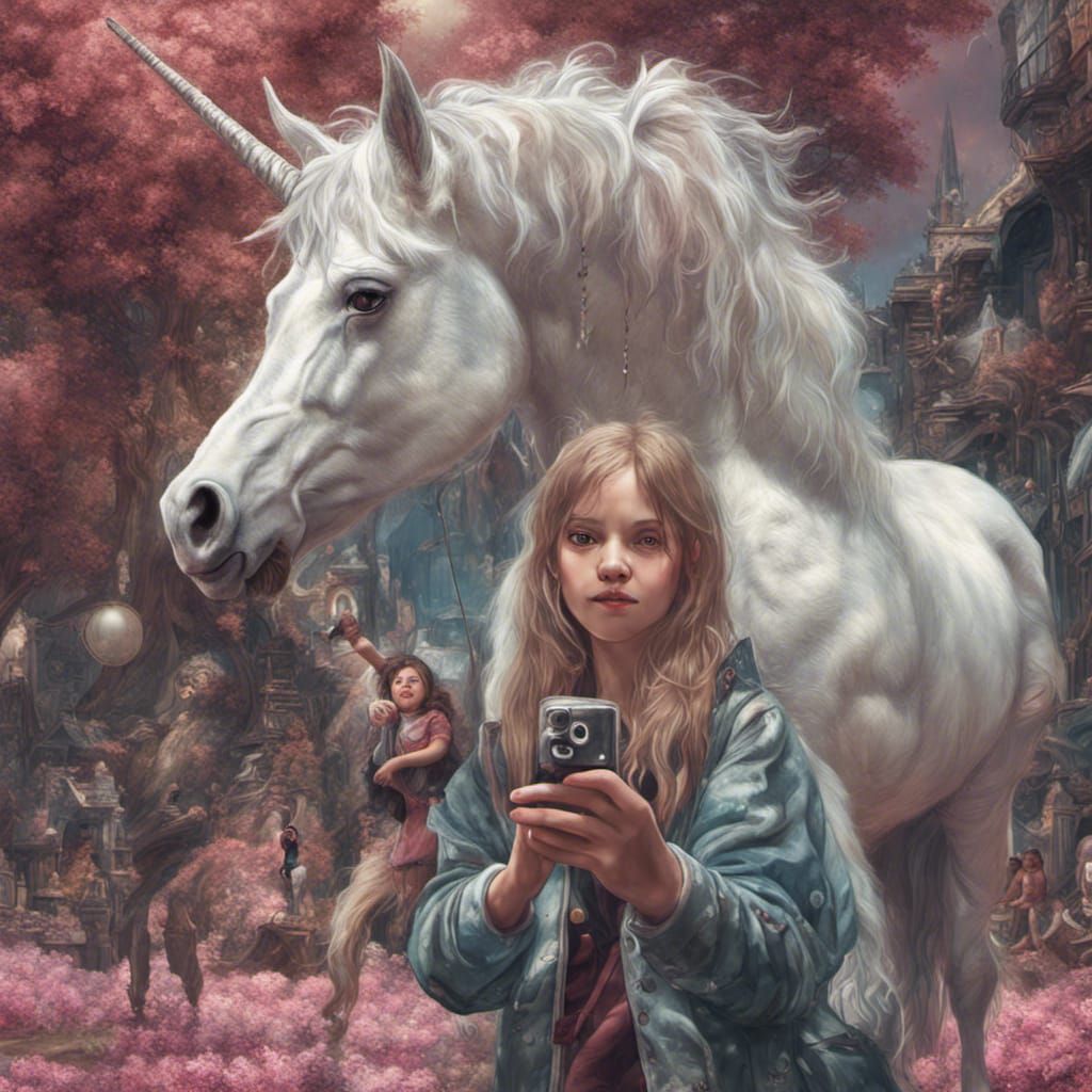 Teenager's Selfie with Baby Unicorn, Digital Art