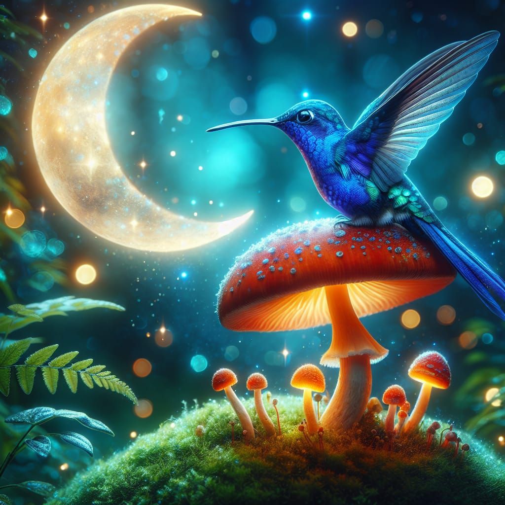 Glowing Hummingbird on Mushroom in Moonlight