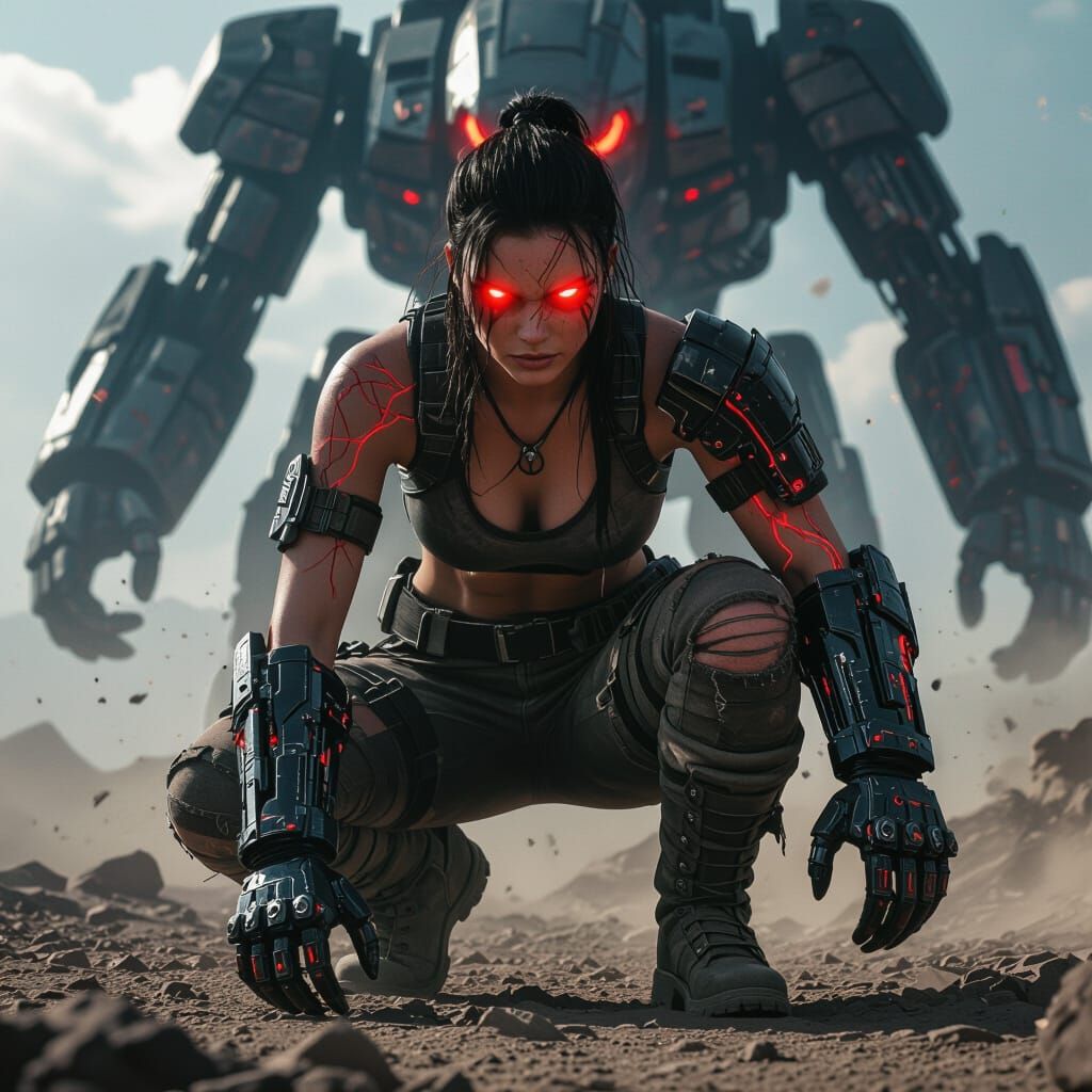 Futuristic Warrior in Dystopian Battle Scene