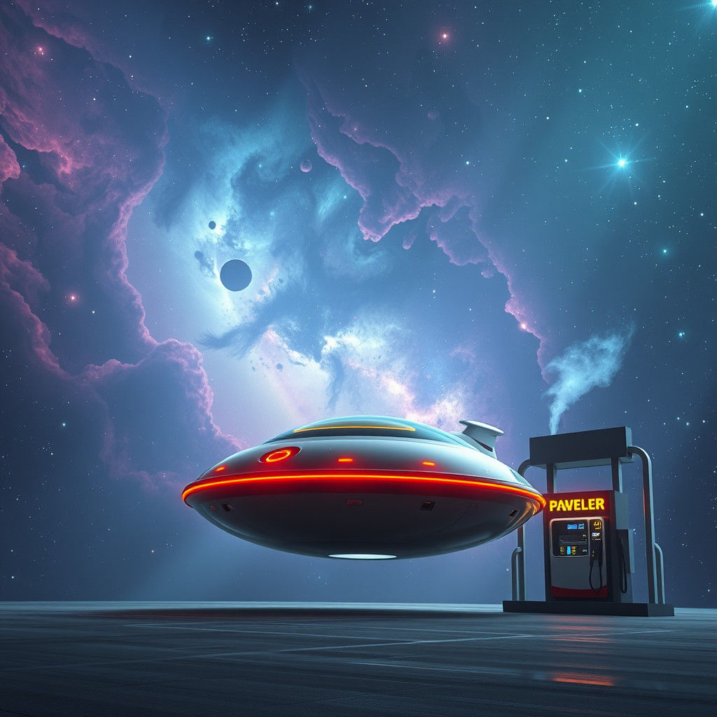 Futuristic Space Gas Station with Hovercraft