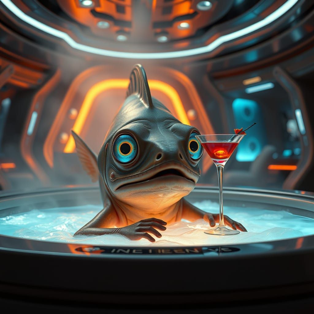 Capitain Seabass from the planet Aquanopia is commanding the spaceship preferably from his jakuzi