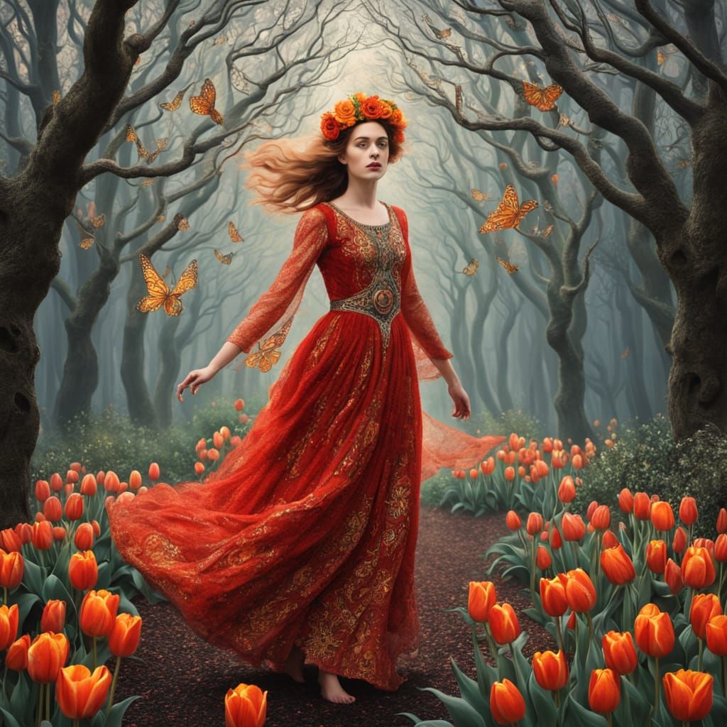 Whimsical Goddesses Emerge from Dark Forest, Blossoming with...