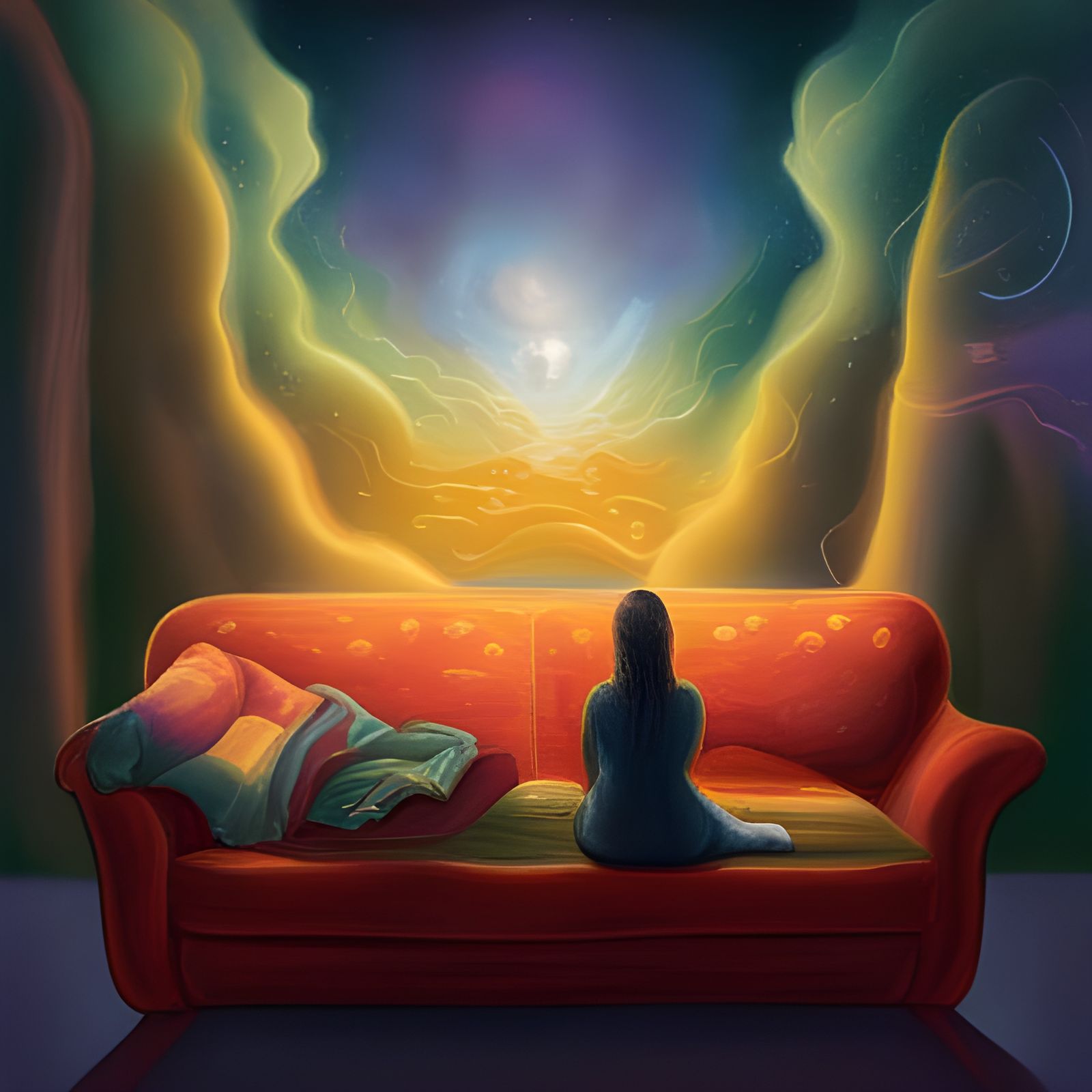 Girl, Cat, Galaxy Implosion, in David Hockney Style