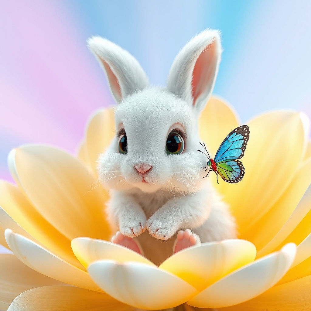 Fluffy Bunny and Butterfly in Animated Style