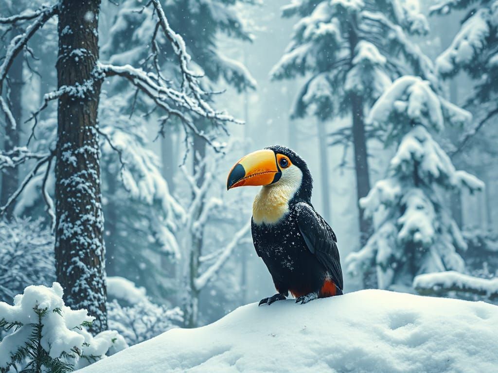 Toucan's Snowy Rainforest Blizzard: Whimsical Matte Painting