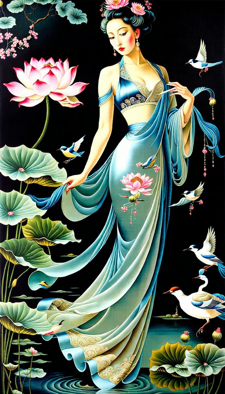 Baroque Lotus Flowers in Silk Embroidery Style