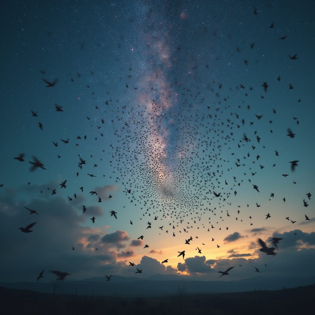 Iridescent Starling Murmuration in Dreamlike Scene