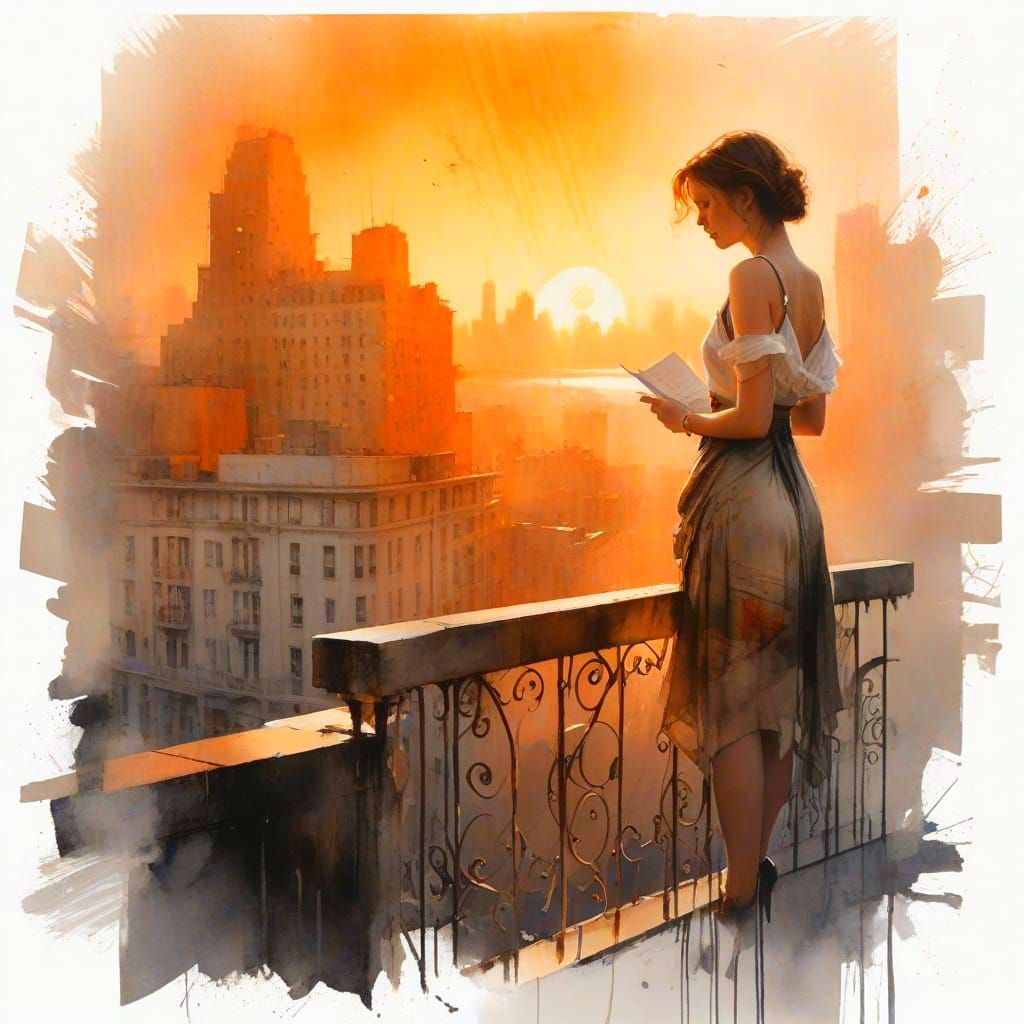 Art Deco Woman on Balcony in Noir Cityscape