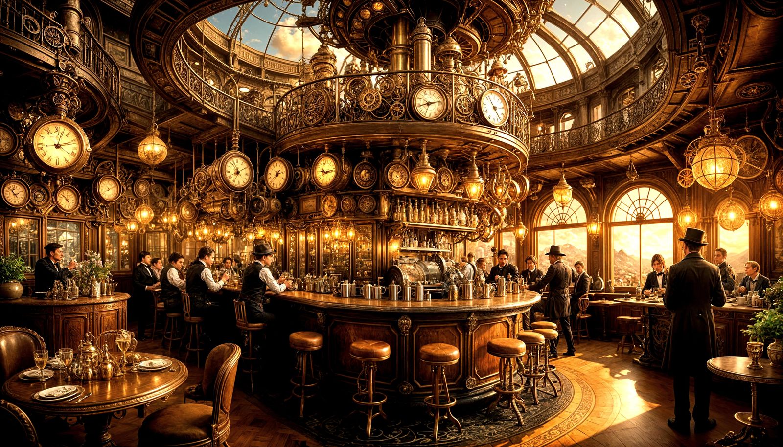 Steampunk Cafe on Floating Island in Sepia Tones