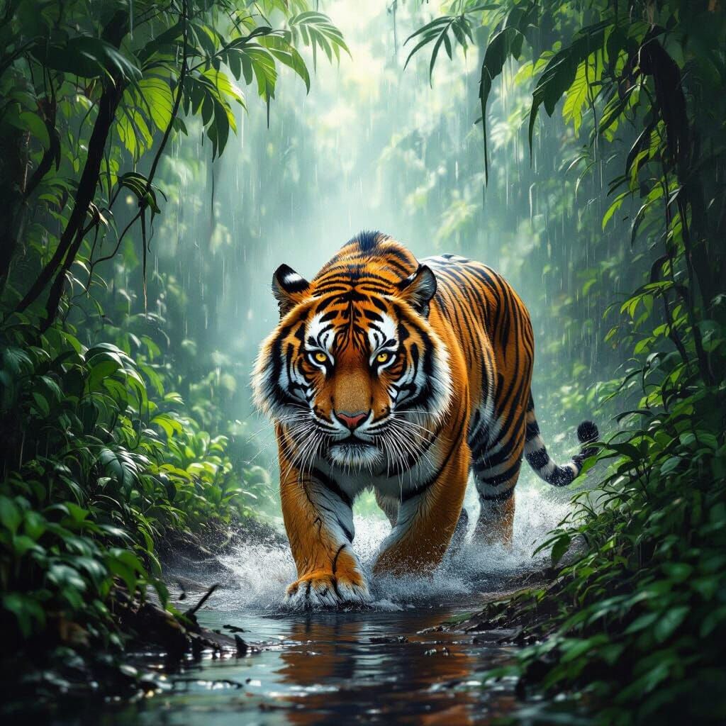 Bengal Tiger Prowling Steamy Rainforest in Hyperrealistic St...