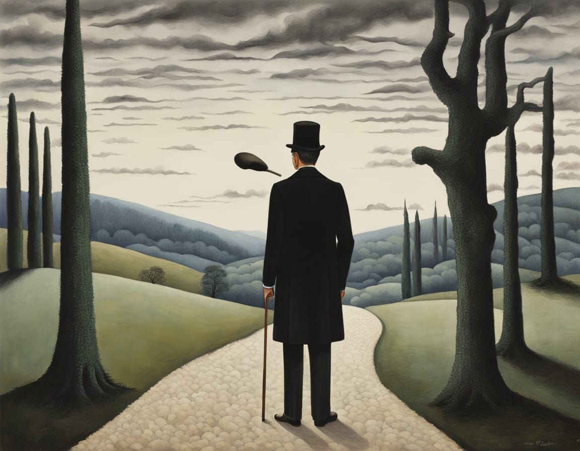 Belgian Gentleman in Surreal Landscape, Gouache Painting