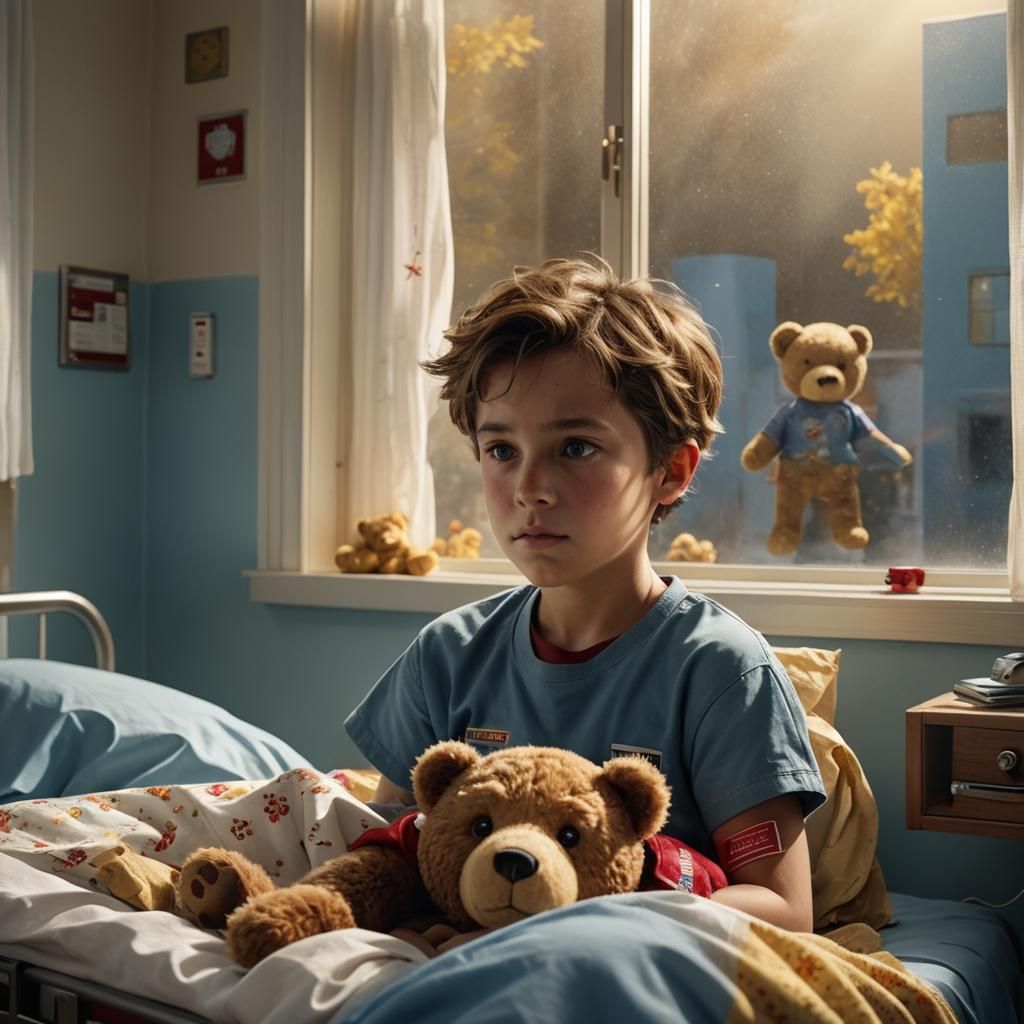 Boy in Hospital with Teddy Bear: Digital Painting