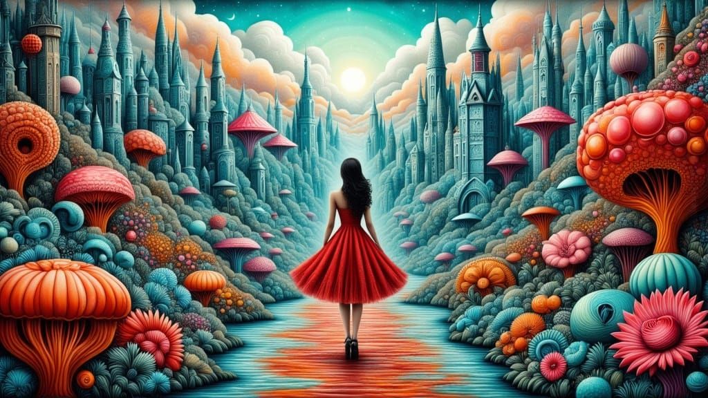 Woman in Red Dress in Surreal 3D Garden