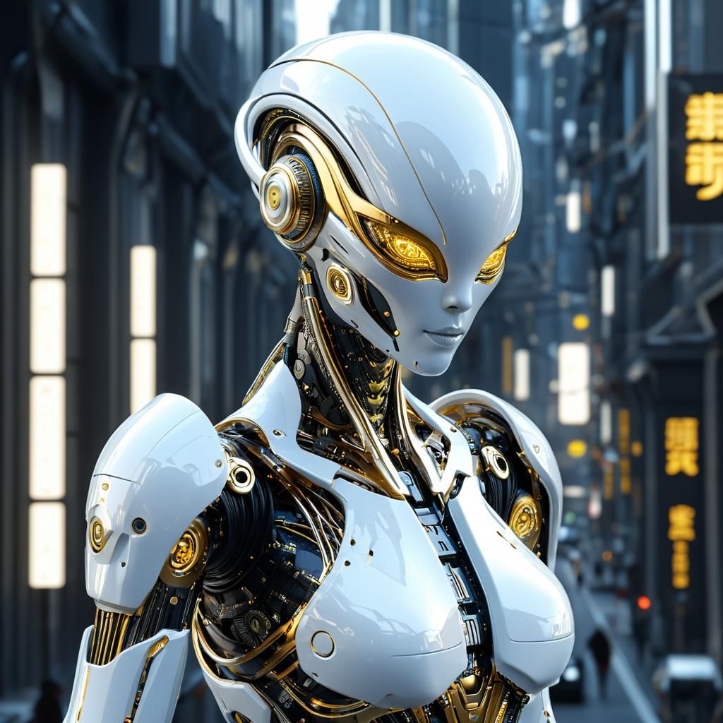 Futuristic Porcelain Cyborg Cityscape in Cyberpunk Style