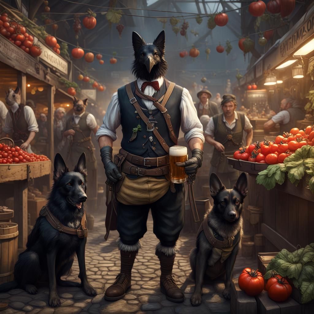 Raven in Lederhosen at Market, Dark Fantasy Art