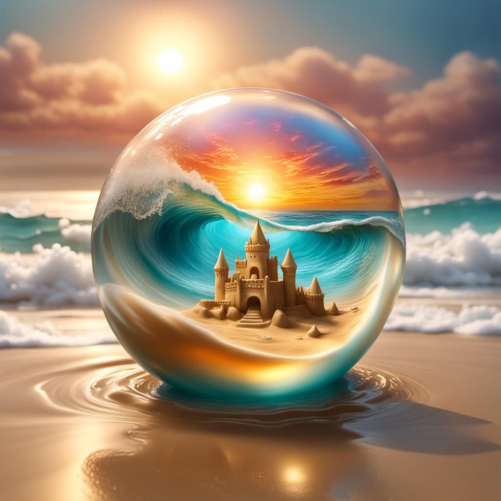 Glass Orb Sandcastle: Hyper-Realistic Splash Art
