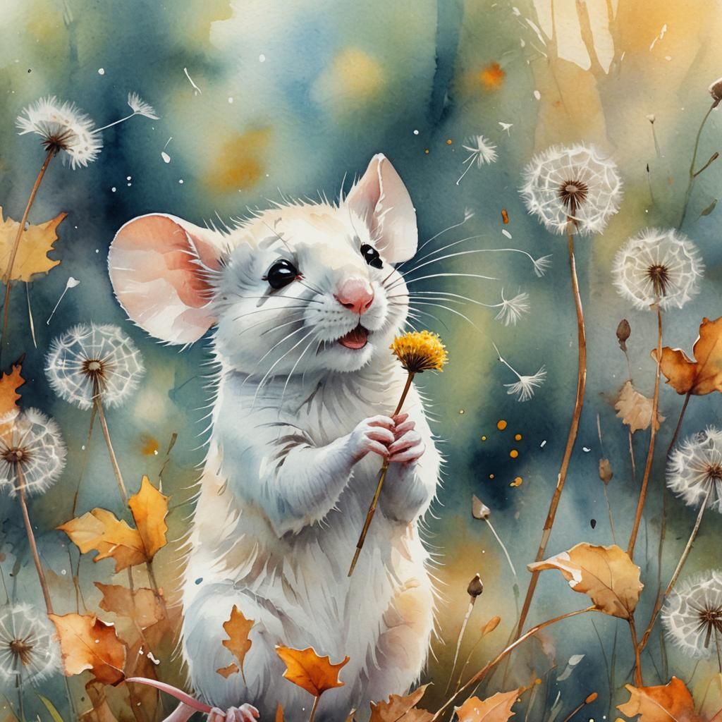 Cute Mouse with Dandelion in Watercolor Autumn Scene