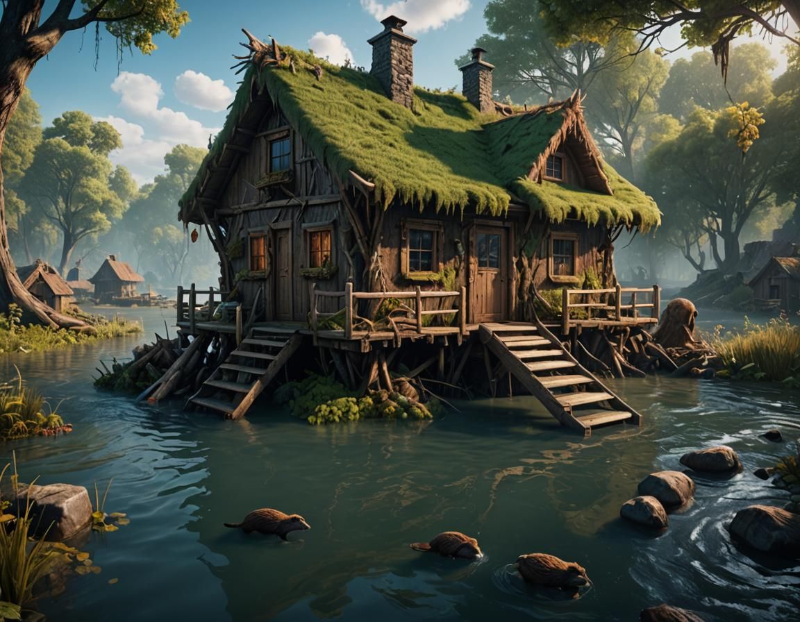 Beavers' Floating Homes in Flooded River: Fantasy Art
