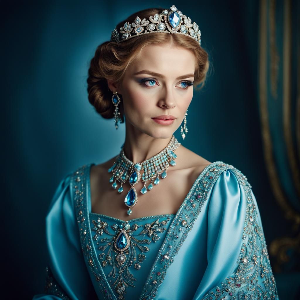 Russian Princess in Blue Slavic Dress: Cinematic Portrait