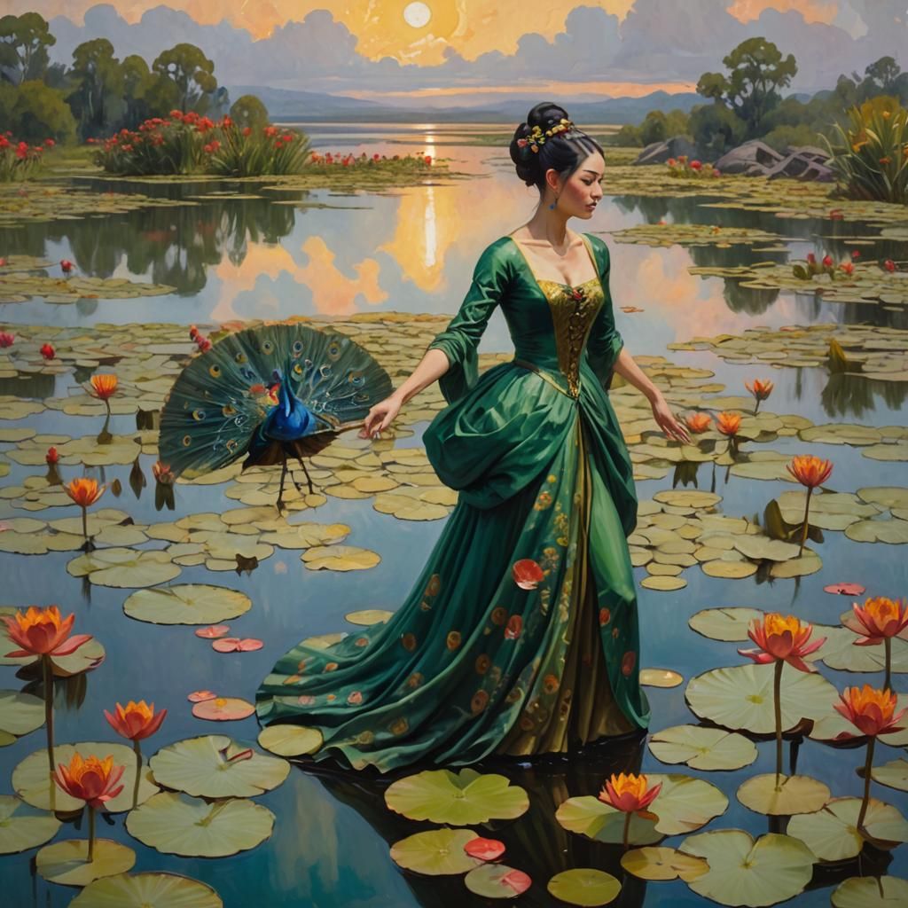 Girl Dancing with Peacock Fans, Oil Painting by Gurney