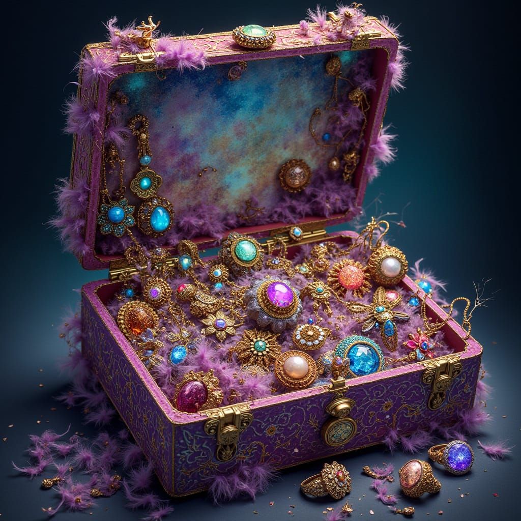 Surreal Jewelry Box Overflowing with Glittering Gems and Del...
