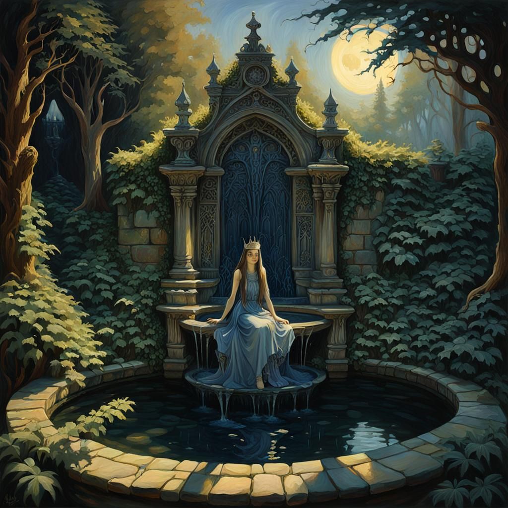 Mysterious Gothic Princess by Fountain in Oil Painting