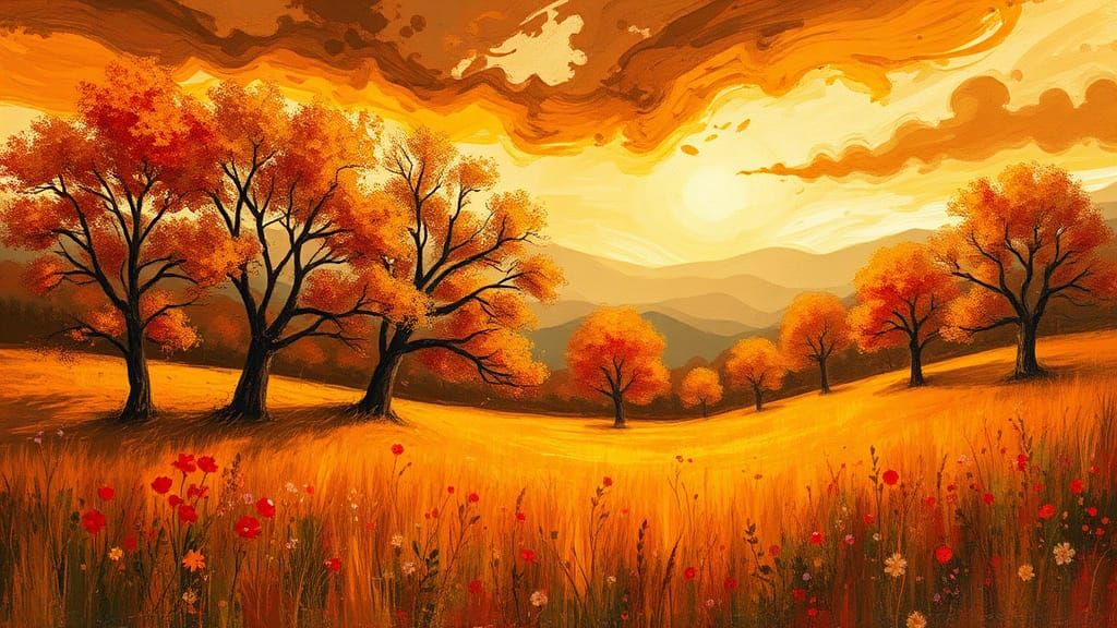 Autumn Meadow: Impressionist Landscape with Swirling Clouds