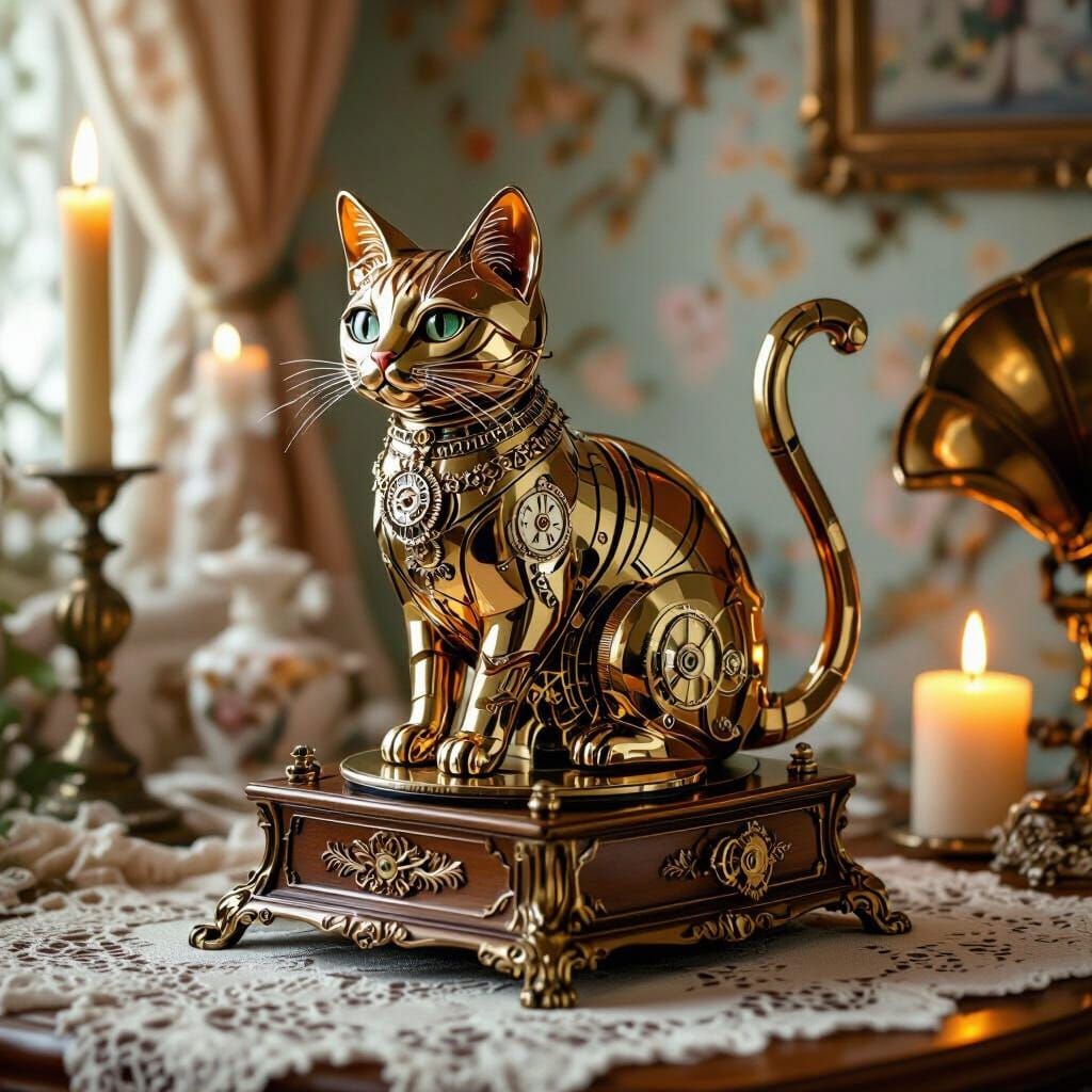 Brass Ginger Cat Sculpture in Art Nouveau Style