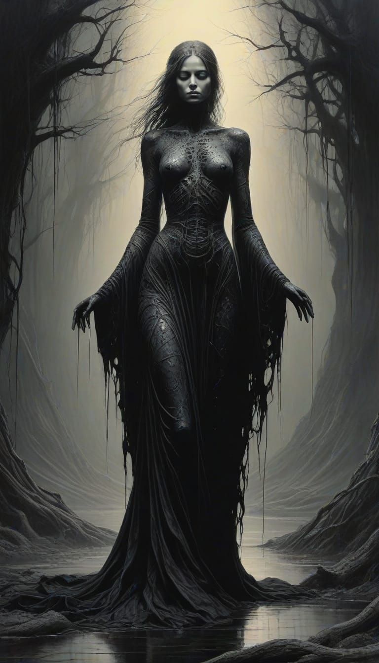 Tall Woman Commands Black Ink Splatters in Charcoal Drawing