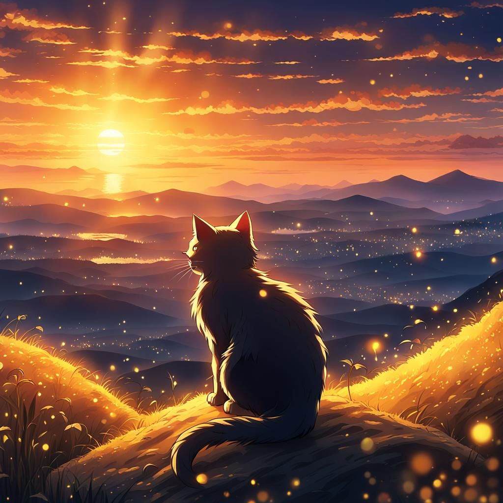 Mystical Kitten at Sunset: Anime-Inspired 8K Art