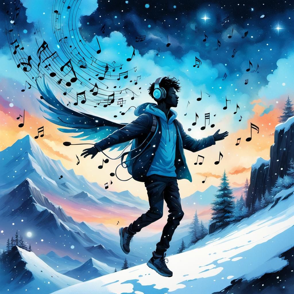 Silhouette Boy's Snowy Galaxy: Watercolor Art