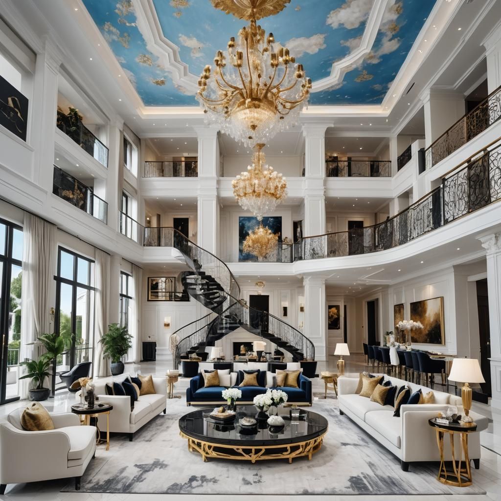 Luxurious Three-Story Living Room with Black Gold Design