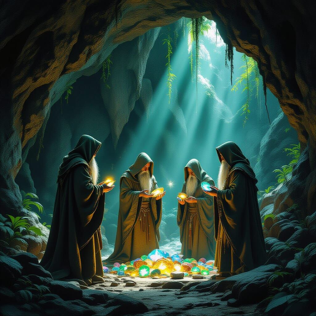 Druids Collecting Shimmering Gems in Mystical Cave