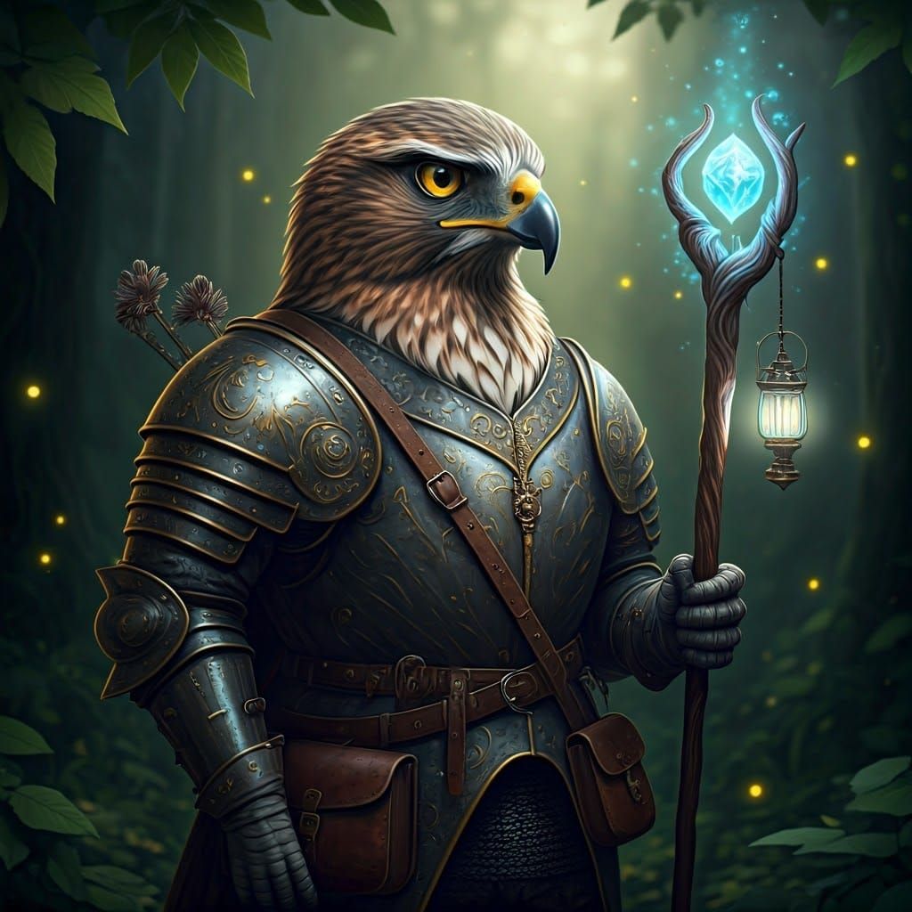 Renaissance Hawk in Enchanted Forest, Whimsical Adventurer