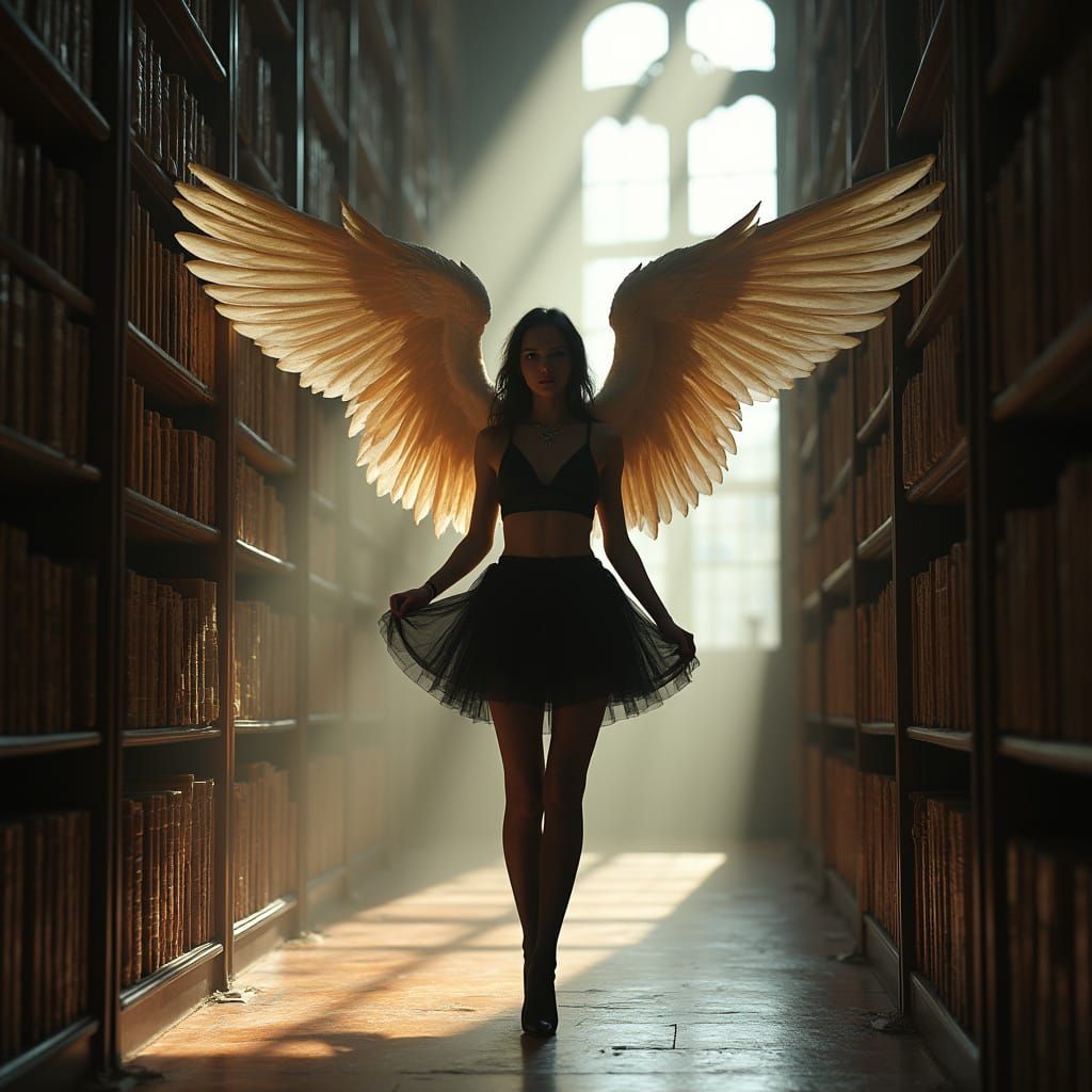Angel of Knowledge Posing in Library, Hyperrealistic Style