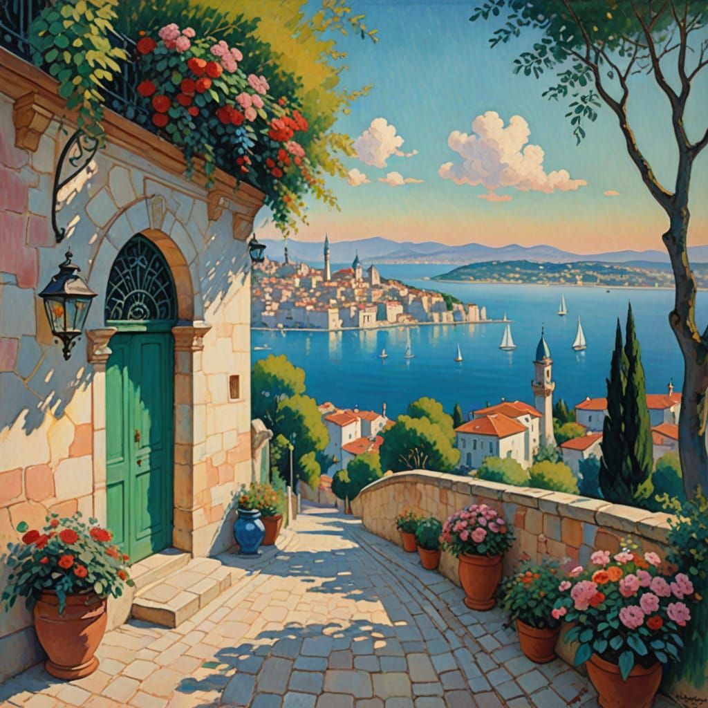 Bustling Hillside Town in Vibrant Ottoman-Inspired Style