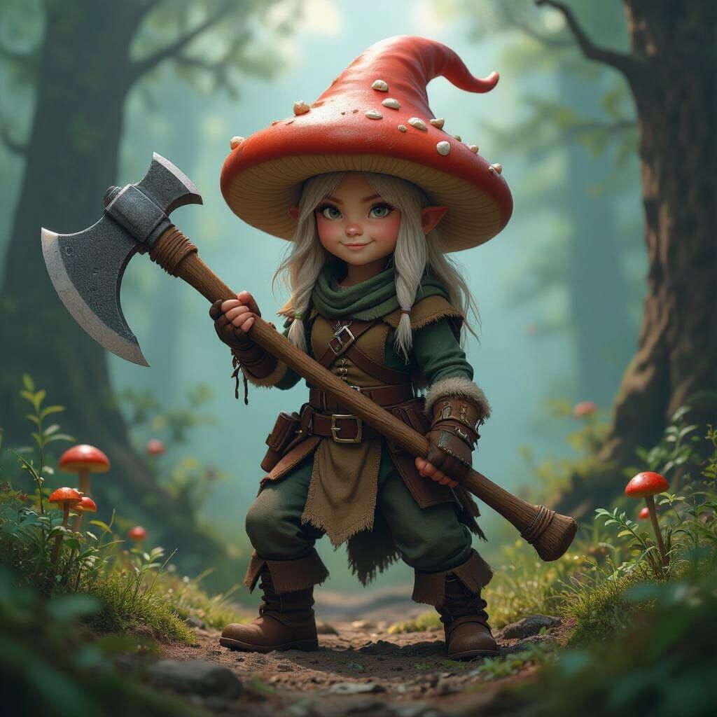 Gnome with Mushroom Hat in Mystical Forest Painting