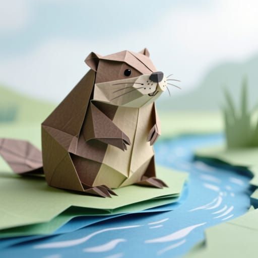 Origami Beaver on Paper Riverbank