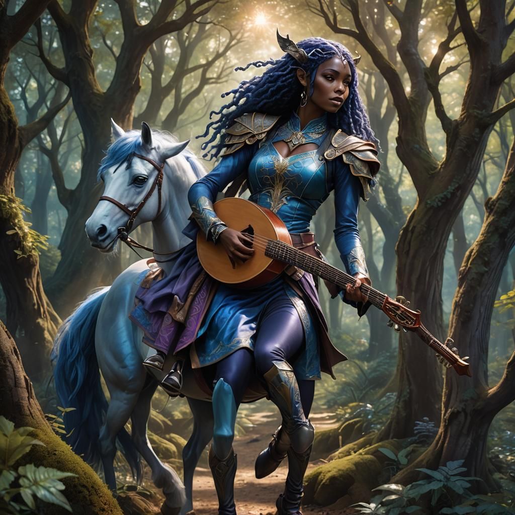 Fantasy Art: Half-Elf with Lute in Mystical Forest