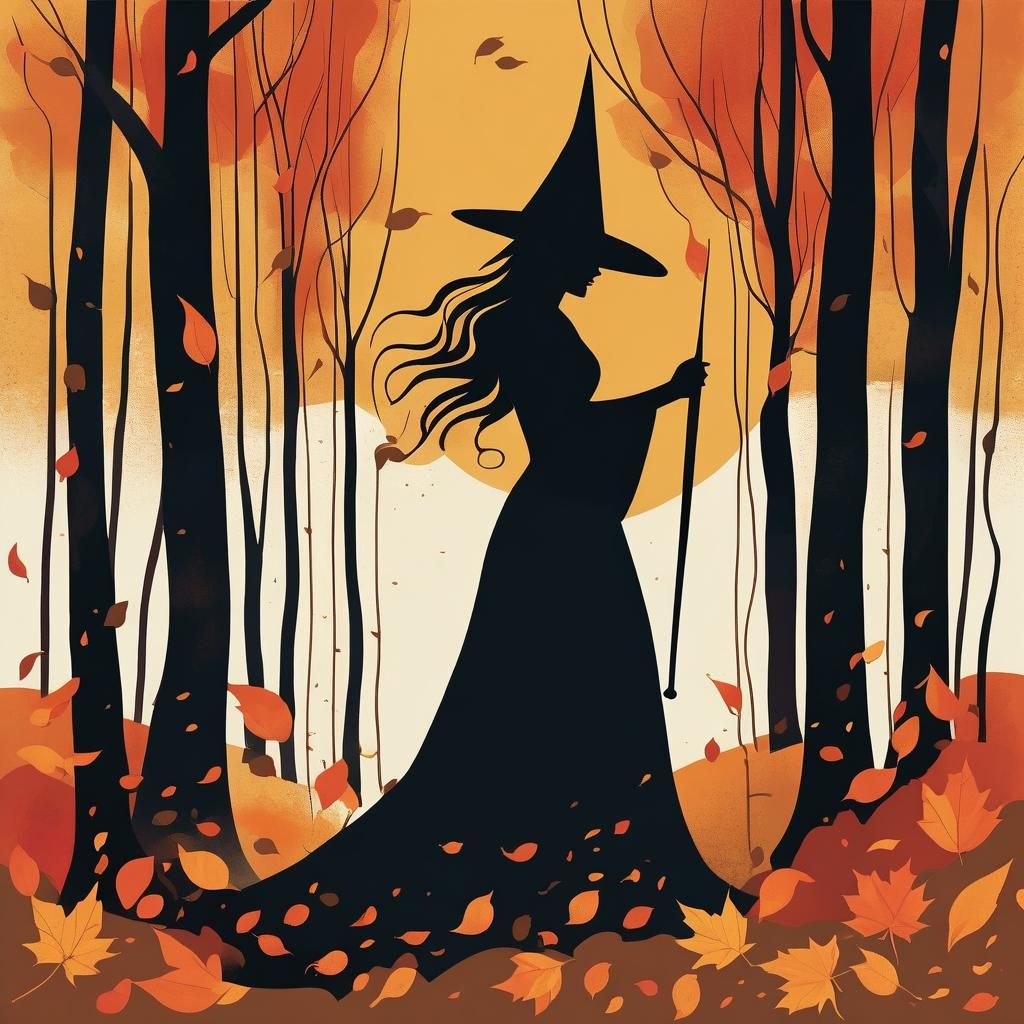 Minimalist Autumn Witch Woodcut Poster Art