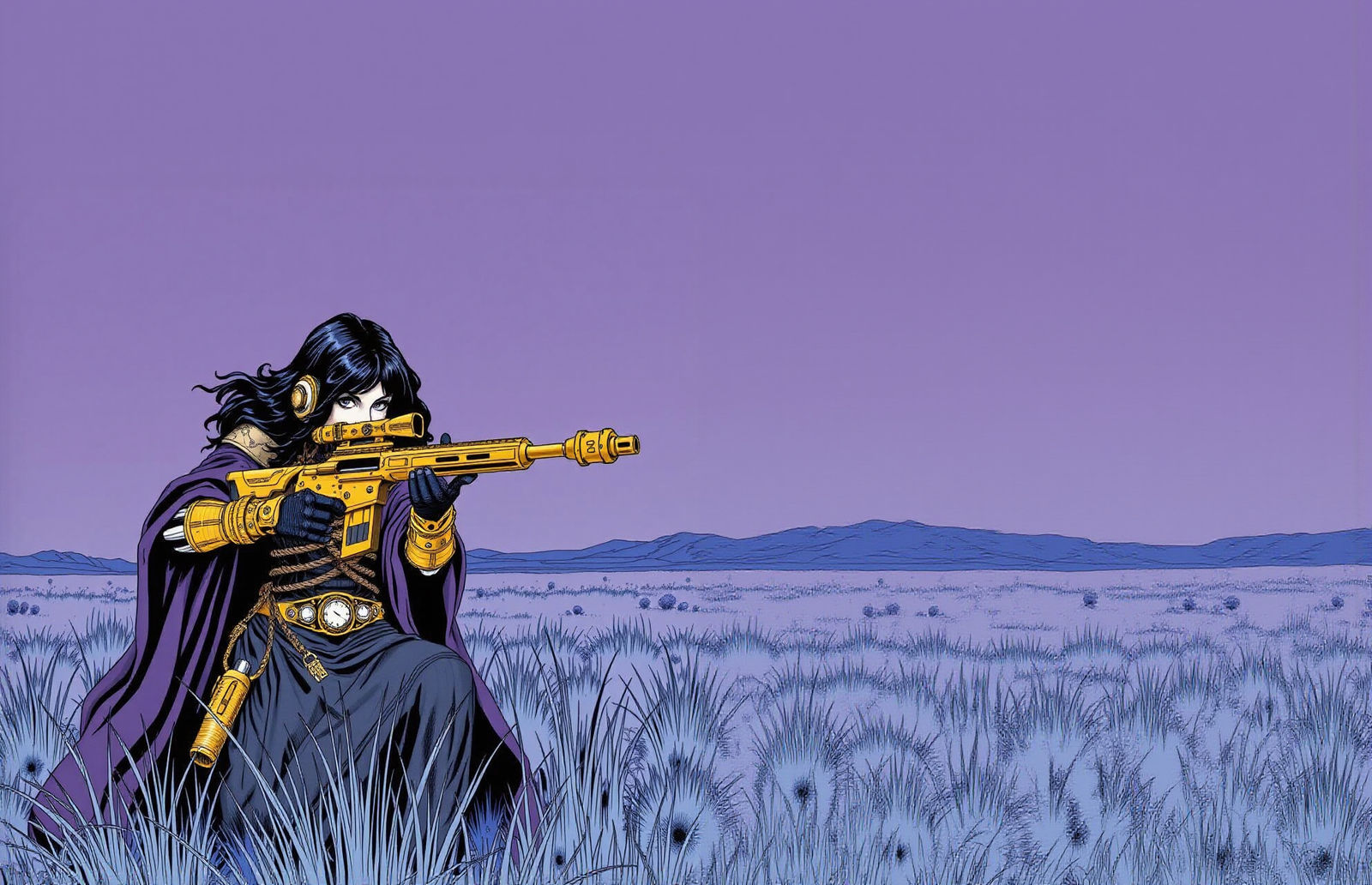 Cyborg Huntress in Ultraviolet Grasslands, Minimalist Illust...