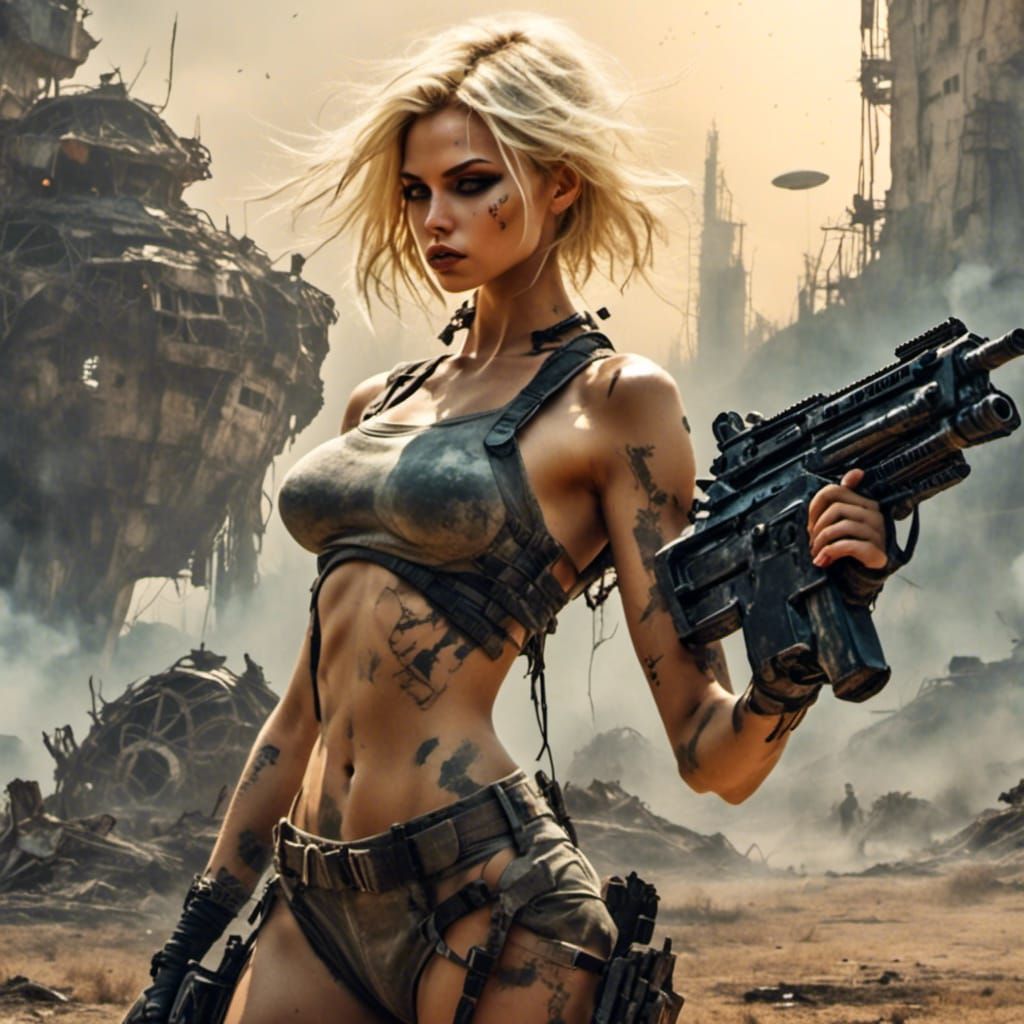 Cyberpunk Warrior Defends Desolate Land in Watercolor Style