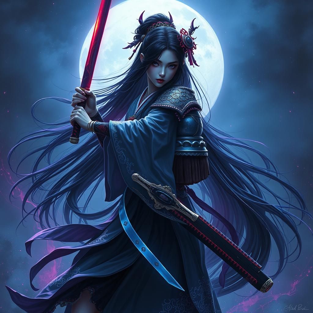 Ethereal Geisha Warrior with Katana in Sci-Fi Setting