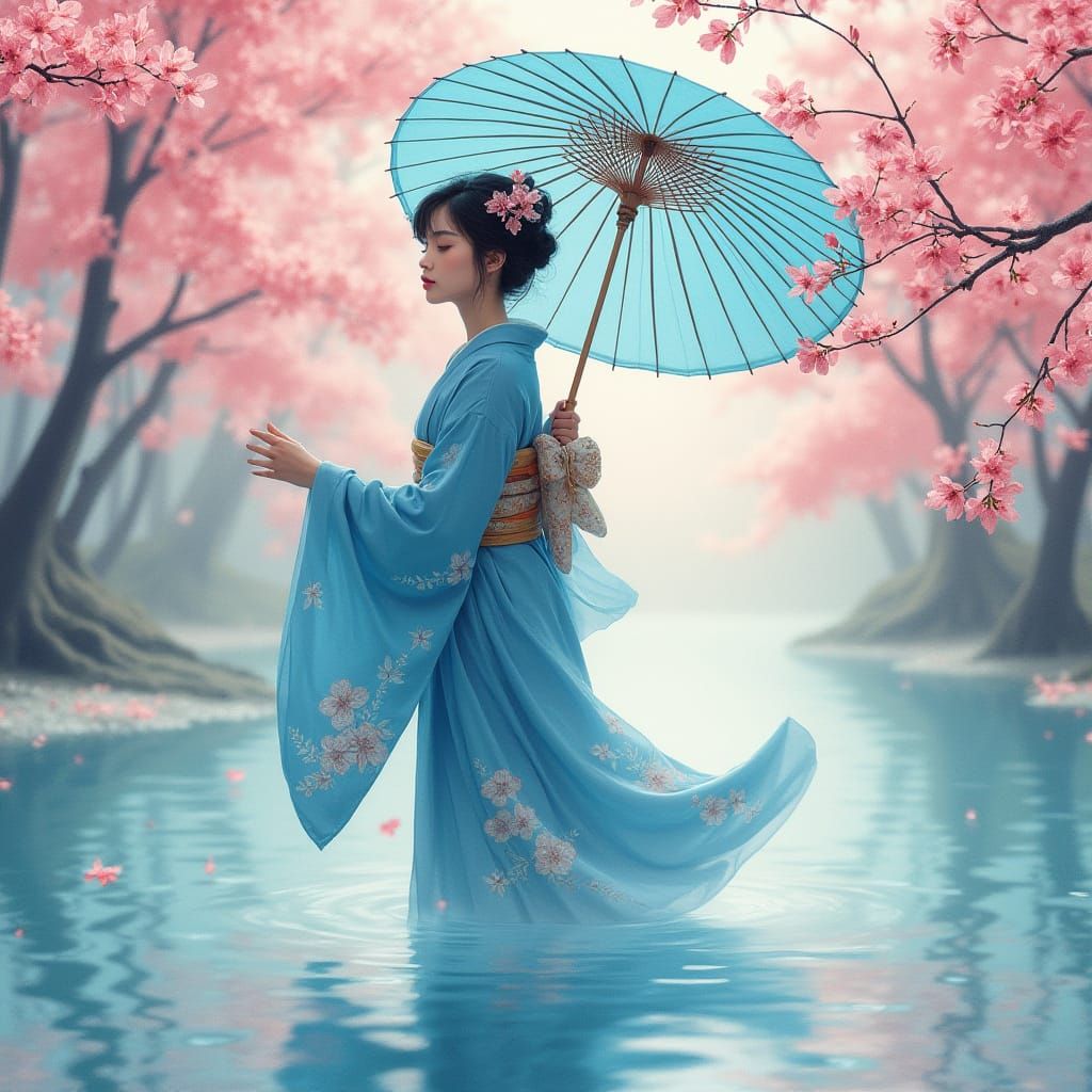 Japanese Dancer in Kimono, Alphonse Mucha Style