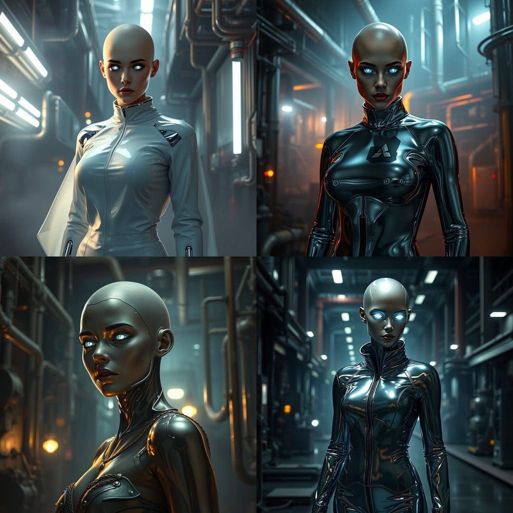 Cyber Goddess Awakens in Futuristic Factory